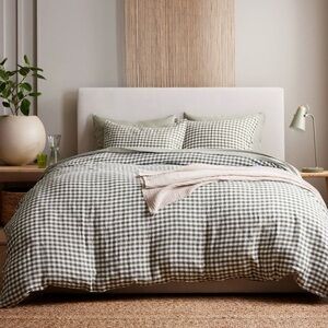 Olive Gingham Linen Duvet Cover